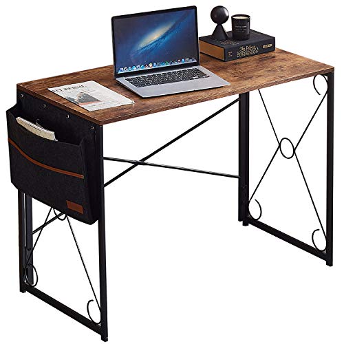 VECELO Writing Computer Folding Desk/Sturdy Steel Laptop Table with Storage Bag for Home Office Work, 39″, Rustic Brown