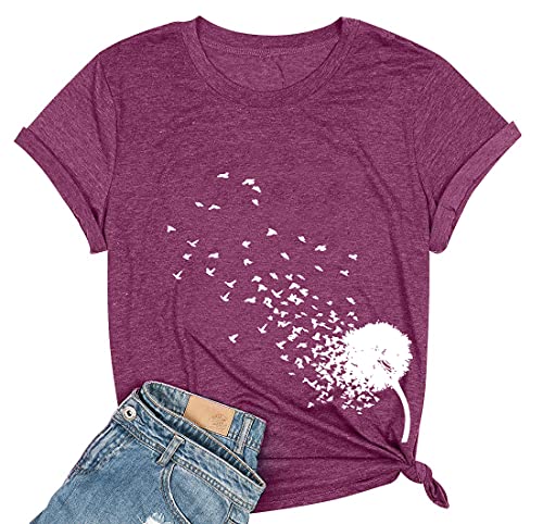 Bealatt Dandelion Make a Wish T-Shirt for Women Funny Letter Print Dandelion Graphic Tee Casual Short Sleeve Shirts Tops (Purple,L)