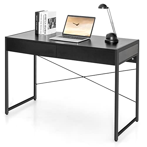 Tangkula Computer Desk with 2 Drawers, Simple Wooden Study Writing Desk with Steel Frame, 44 Inches Laptop PC Workstation, Student Desk Home Office Desk Ideal for Bedroom & Office (Black)