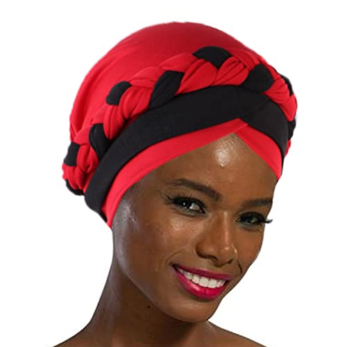 Woeoe African Turban Headwear Red Elastic Braid Beanie Cap India’s Hat for Women and Girls