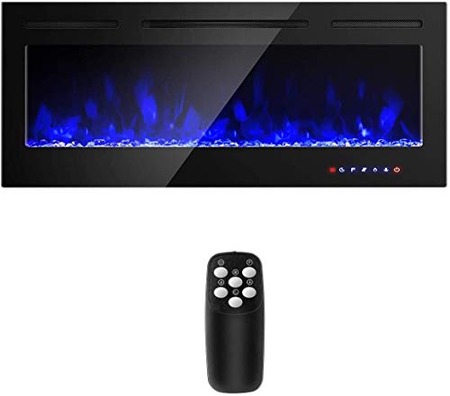 COSTWAY 50-Inch Electric Fireplace, 750W/1500W Wall Recessed and Mounted Fireplace Insert with Remote Control, 9 Flame Colors, 5 Brightness Settings, 8 H Timer, Fireplace Heater for Indoor Use