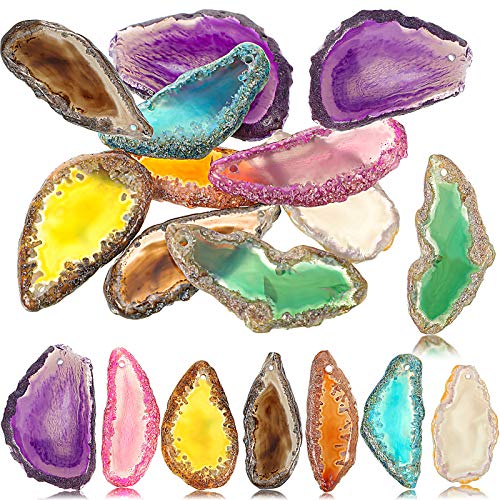 16 Pieces Polished Agate Slices Drilled Agate Pendants Natural Agate Stone Slices Colorful Irregular Agate Slices for Craft Windbell DIY Jewelry Making (Mix Colors)