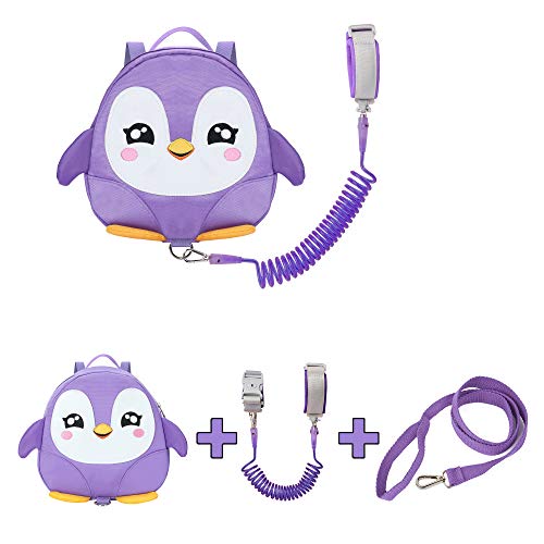 EPLAZA Toddler Leashes Penguin-Like Backpacks with Anti Lost Wrist Link Wristband for 1.5 to 3 Years Kids Girls Boys Safety (Penguin Light Purple)