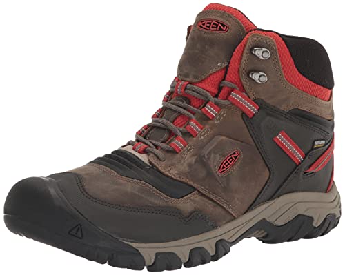 KEEN Men’s Ridge Flex Mid Height Waterproof Hiking Boots, Dark Olive/Ketchup, 12