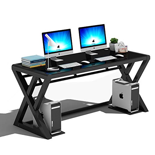 NA Glass Computer Desk with Metal Frame, Home Office Desks Computer Table Modern Simple Office Study Gaming Work Writing Desk Table for Home Office, Black (X-Shape-55.1inch)