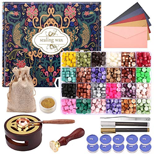 CHUHUAYUAN Wax Seal Stamp Kit with Gift Box, 24 Colors and 624 Pcs Wax Seal Beads with Wax Seal Stamp, Sealing Wax Warmer, Wax Seal Metallic Pen and Envelope, Wax Seal Kit for Gift and Decoration