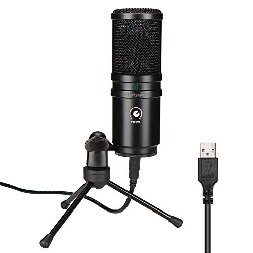 USB Desktop Microphone, Perrycom Computer Cardioid Condenser mic with Tripod stand for Streaming,Podcasting,Vocal Recording, Compatible with iMac PC,Build in Headphone Jack&Volume Control-Black (MUD6)