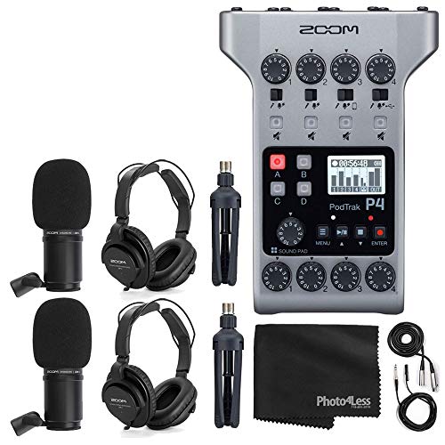 Zoom PodTrak P4 Portable Multitrack Podcast Recorder + 2x Zoom M-1 Mic + 2x Headphones + Windscreens + XLR Cables + 2x Tabletop Stand + Cloth – 2 Person Podcasting Mic Pack Bundle