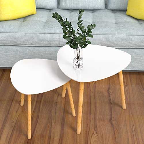 Bamboo White Nesting End Table – Side Tables Living Room Tables, Nesting Tables Set of 2 Small Coffee Table, Modern Minimalist Triangle Center Table for Sofa Bedside Bedroom Apartment Ofiice