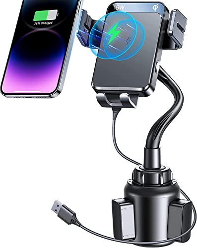 Wireless Car Charger, Cup Holder Wireless Charger, Tollefe 15W Qi Fast Charging Phone Holder, Auto Clamping Height Adjustable Non-Shaking Phone Mount for iPhone 14 13 12 Pro Max X XR, Samsung S22 S21