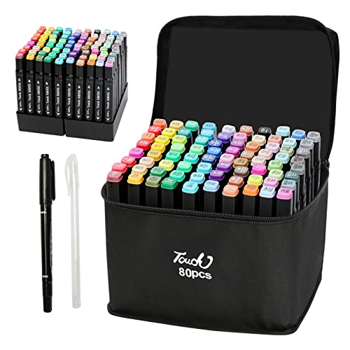 JULAU 80 Colors Alcohol Markers Pen Set Dual Tip Markers Twin for Teens Adult Coloring Book Artist Permanent Markers Drawing Art Graphic Marker and Highlighting Illustration (Black Shell)