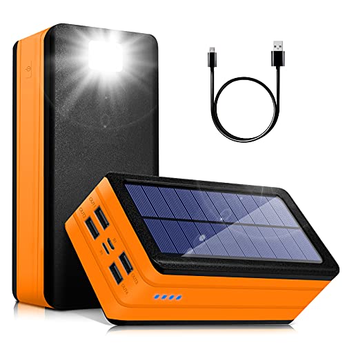 Solar Power Bank 50000mAh, Portable Solar Phone Charger with Flashlight, 4 Output Ports, 2 Input Ports, Solar Battery Bank Compatible with iPhone for Camping, Hiking, Trips