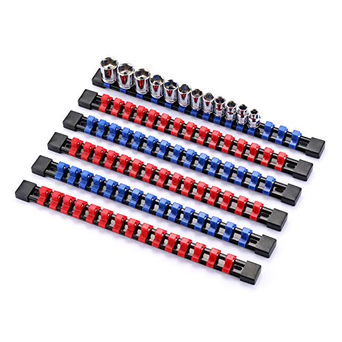 CASOMAN 6 Pieces 3/8″ Drive Socket Organizer Rails, SAE And Metric Socket Holder Rail, Red & Blue Premium Quality Socket Holder, Mountable Sliding Tray Rack Tool Rail Holder, For 3/8-inch Socket Only