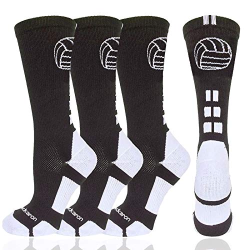 Londkaron Volleyball Socks with Volleyball Logo, Soft Mid Calf Crew Socks (Black/White – 2 Pairs, Small)