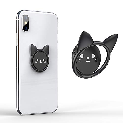LaMignonne Cell Phone Ring Holder Ultra-Thin Cute Cat Metal Finger Grip 360° Rotation 180° Flip Kickstand Phone Grip for Magnetic Car Mount Compatible with All Smartphones (Black)