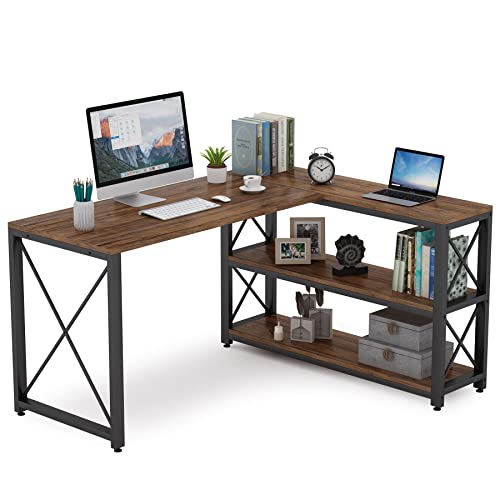 Tribesigns Reversible Industrial L-Shaped Desk with Storage Shelves, Corner Computer Desk PC Laptop Study Table Workstation for Home Office Small Space (Brown, 53″)