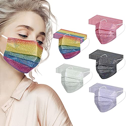 50 Pack Adults Glitter Disposable Face_Masks with Bling Sparkle Designs, 3-Ply Shiny Breathable_Masks with Nose Wire for Women Men Party Bar Holiday Outdoors Indoors