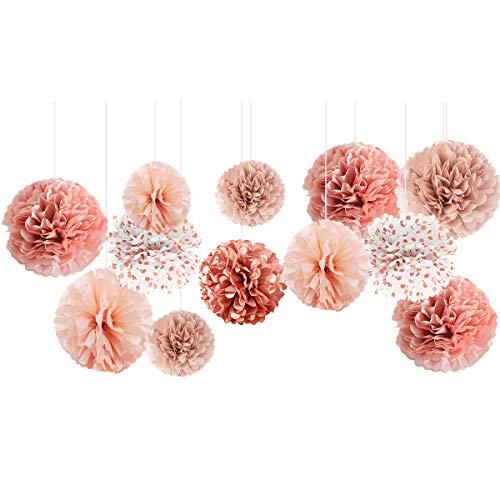 NICROLANDEE Wedding Decorations – 12 PCS Rose Gold Burnt Coral Tissue Paper Pom Poms for Engagement Party Wedding Birthday Bridal Shower Bachelorette Baby Shower Ceiling and Party Backdrop Decor