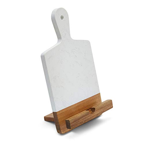 TENDER COTTAGE Marble Acacia Wood Cutting Board – CookBook Holder Adapter – Charcuterie Board – White Marble Cheese Board – Great gift for Christmas, Mothers Day, Wedding, Housewarming – Two Toned