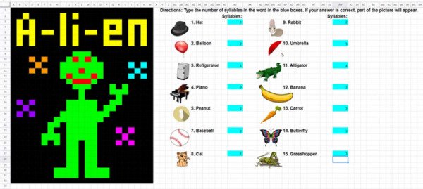 Syllables Mystery Picture Pixel Art: Excel Version