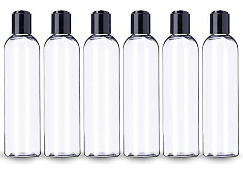 ljdeals 8 oz Clear Plastic Empty Bottles with Black Disc Top Caps, Refillable Containers for Shampoo, Lotions, Cream and More Pack of 6, BPA Free, Made in USA