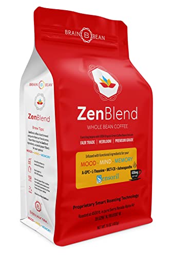 Brain Bean Zen-Blend Coffee | With Caprylic Acid MCT (C-8), A-GPC, L-Theanine, and Ashwagandha extract | Organic Whole Bean Medium Roast 16 Oz