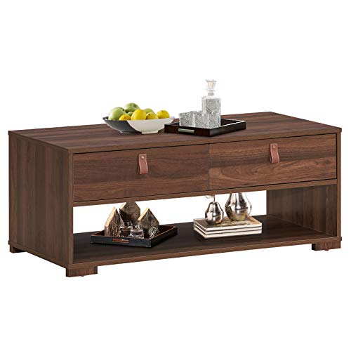 Tangkula Coffee Table with Drawers, Industrial Accent Cocktail Table with 2 Drawers & Open Storage Shelf, Wooden Rectangular Sofa Table for Living Room Home Office (Walnut)