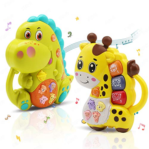 INTEGEAR 2 Pack Baby Musical Toys, Educational Light Up Toy with Sound and Piano Keyboard Gift for Toddlers 12 Months and Up, Dinosaur and Giraffe