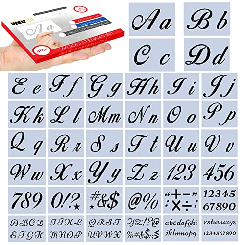 Wefree-Letter Stencils for Painting on Wood–Alphabet Stencils with 2 Calligraphy and Cursive Letters Numbers Signs–Large Letter Stencils, Reusable Plastic Stencils–Set of 40 Pcs–162 Designs
