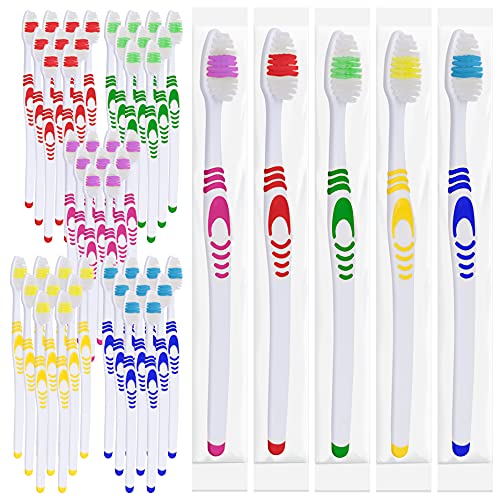 Lingito 50 Bulk Travel Toothbrushes, Individually Wrapped Portable, Manual Disposable Travel Toothbrush Set Adult Children , Multi Color Travel Toothbrush Kit (Medium Bristle)