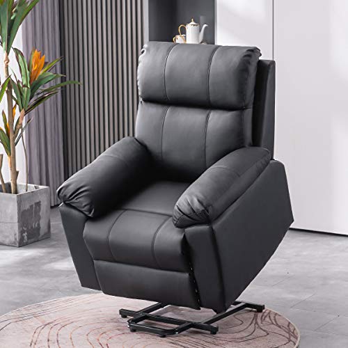 EROMMY Power Lift Recliner Chair, PU Leather Recliner with Massage and Heat for Elderly, Side Pocket, Wired Remote Control, Black
