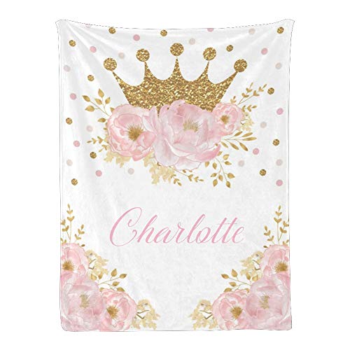 NZOOHY Pink Blush Floral Gold Crown Princess Girl Nursery Personalized Baby Blanket with Name for Boys Girls,Custom Throw Blanket Super Soft for Crib,Outdoor,Indoor 30×40 Inches