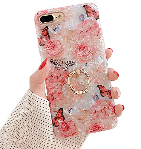 Qokey for iPhone 8 Plus Case,iPhone 7 Plus Case 5.5 inch Flower Cute Stand Cover for Women Girls 360 Degree Rotating Ring Stand Kickstand Soft TPU Shockproof Rose Butterfly
