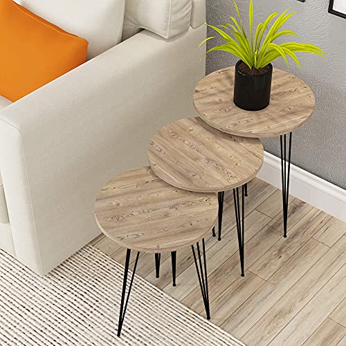 PAK HOME Set of 3 Pine Wood Grey Nesting End Tables Round Wood Stacking Coffee Side Accent Table with Metal Legs for Living Room, Home Office, Nightstands for Bedroom