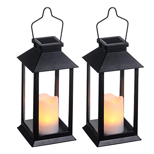 Tomshine 2 Pack Solar Lanterns, Outdoor Garden Hanging Lanterns, 11.8 Inch LED Flickering Flameless Candle Mission Lights for Yard, Table, Patio(Black)