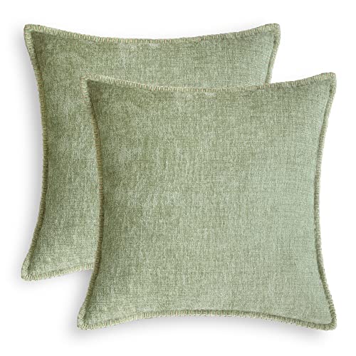 CaliTime Throw Pillow Cases Cotton Thread Stitching Edges Solid Dyed Soft Chenille Cushion Covers for Couch Sofa Home Farmhouse Decoration 16 X 16 Inches – Pack of 2, Sage