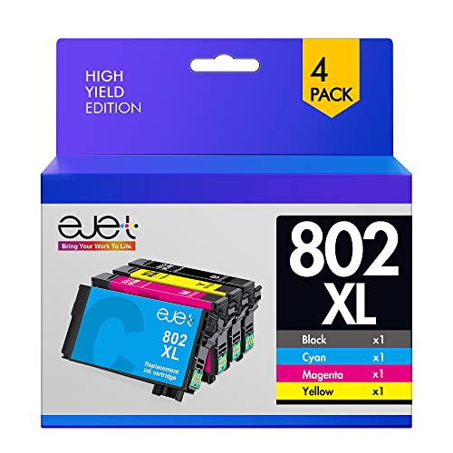 ejet 802XL Ink High Capacity Black & Color Cartridge Remanufactured Replacement for Epson 802 Ink Cartridges for Workforce Pro WF-4730 WF-4734 WF-4740 WF-4720 (1 Black, 1 Cyan, 1 Magenta,1 Yellow)