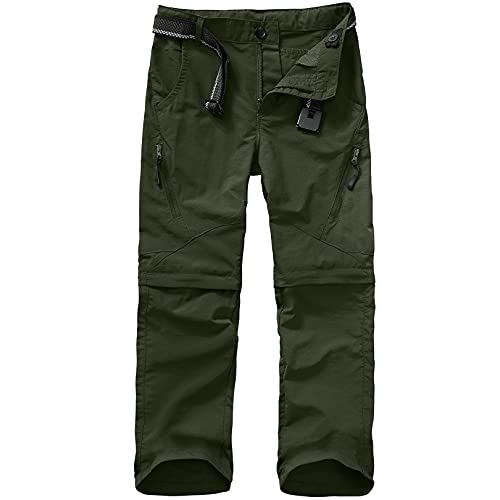 Asfixiado Boys Cargo Pants, Kids’ Casual Outdoor Quick Dry Waterproof Hiking Climbing Convertible Trousers #9035 Army Green-L（12-14）