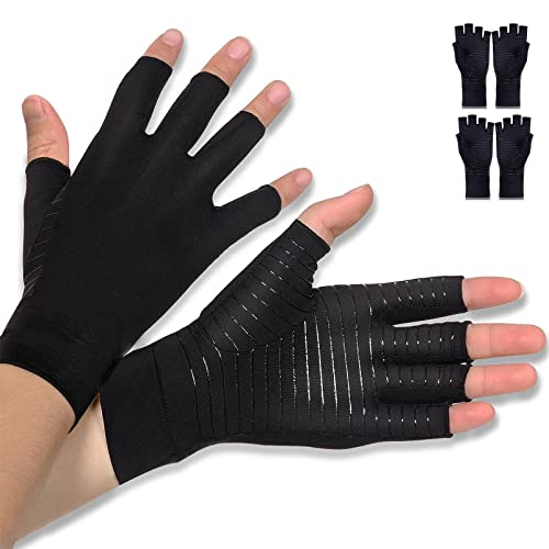 Donfri 2 Pairs Copper Arthritis Gloves-High Copper Content Infused Non-slip Fingerless Compression Glove Women Men Relieve Hand Pain Swelling,Carpal Tunnel,Typing,Support for Arthritic Joints (M)