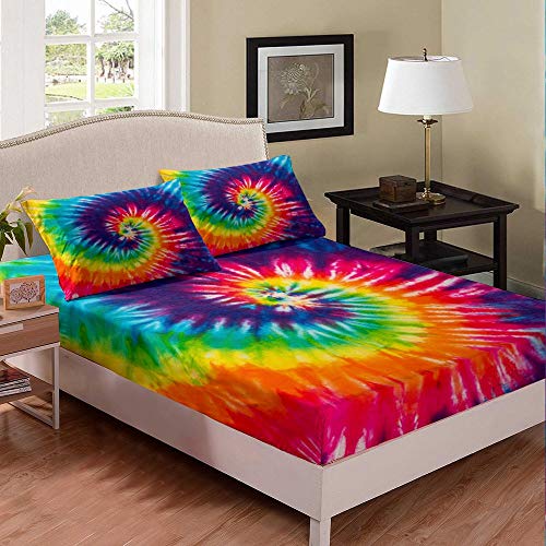 Castle Fairy Tie Dye Bed Sheet Set 2PCS for Kids Girls Women Girly Bedroom Decor, Twin Size Colorful Bedding Set Chic Rainbow Spiral Hippie 1 Fitted Sheet and 1 Pillowcase