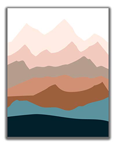 Abstract Modern Landscape No.19 with Mountain Range Wall Art Print. 11×14 UNFRAMED Mid Century Geometric Watercolor Nature Decor. Shades of Blue, Navy, Brown, Grey & Pink.