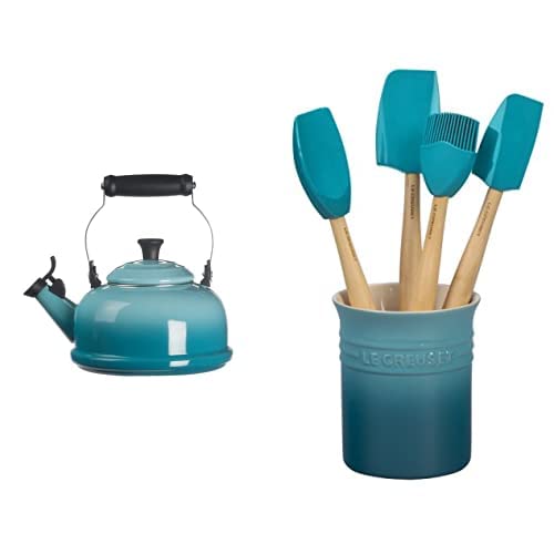 Le Creuset Enamel On Steel Whistling Tea Kettle, 1.7 qt, Caribbean & Silicone Craft Series Utensil Set with Stoneware Crock, 5 pc, Caribbean