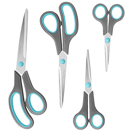 Asdirne Scissors Set of 4, Premium Stainless Steel Razor Blades, Ergonomic Semi-Soft Rubber Grip, Suitable for School, Office and Family Daily Use, 9.6”/8.5”/6.4″/5.4″, Blue&Gray