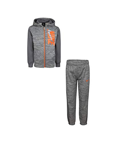 Nike Boy`s Dry Fit Therma Zip Hoodie & Sweatpants 2 Piece Set (Carbon Heather(86G933-GEH)/Orange, 18 Months)