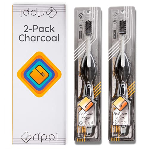 Grïppi Charcoal Manual Toothbrush | Advanced Plaque Control. 45° Ergonomic- Smart Grip, W-Cut Extra-Soft Bristles. (MD Brush Technology for The ADA Approved Brushing Method), 2-Pack