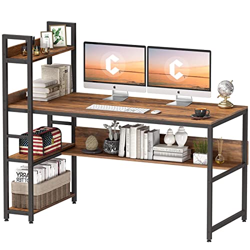 Cubiker Computer Desk 55 inch with Storage Shelves, Home Office Desk, Study Writing Work Table, Modern Simple Style, Deep Brown
