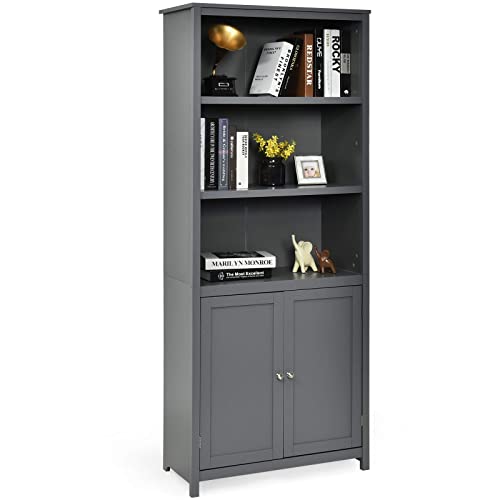 Tangkula Bookcase with Doors, 3 Tier Open Book Shelving, Standing Wooden Display Bookcase with Double Doors, Ideal for Home Bedroom, Living Room, Office, Library with Doors, Grey Finish (Grey)