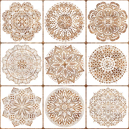 9 Pack 12×12” Mandala Stencils for Painting on Wood, Floor, Wall, Tile Fabric, Reusable Furniture Stencils Painting Template