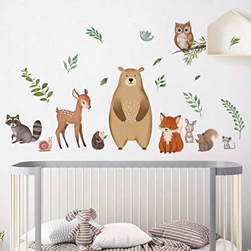 decalmile Large Woodland Animals Leaf Wall Decals Bear Fox Deer Wall Stickers Baby Nursery Kids Bedroom Classroom Wall Decor