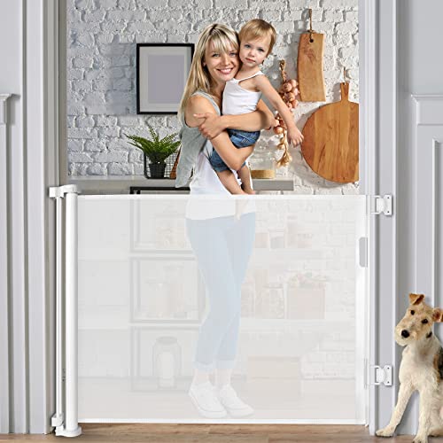 Extra Wide Retractable Dog Gate 35″ Tall, Extends to 60″ Wide, Retractable Baby Gates for Stair Mesh Safety Doorway Pet gate Fabric Outdoor Indoor Dog Gate (White)